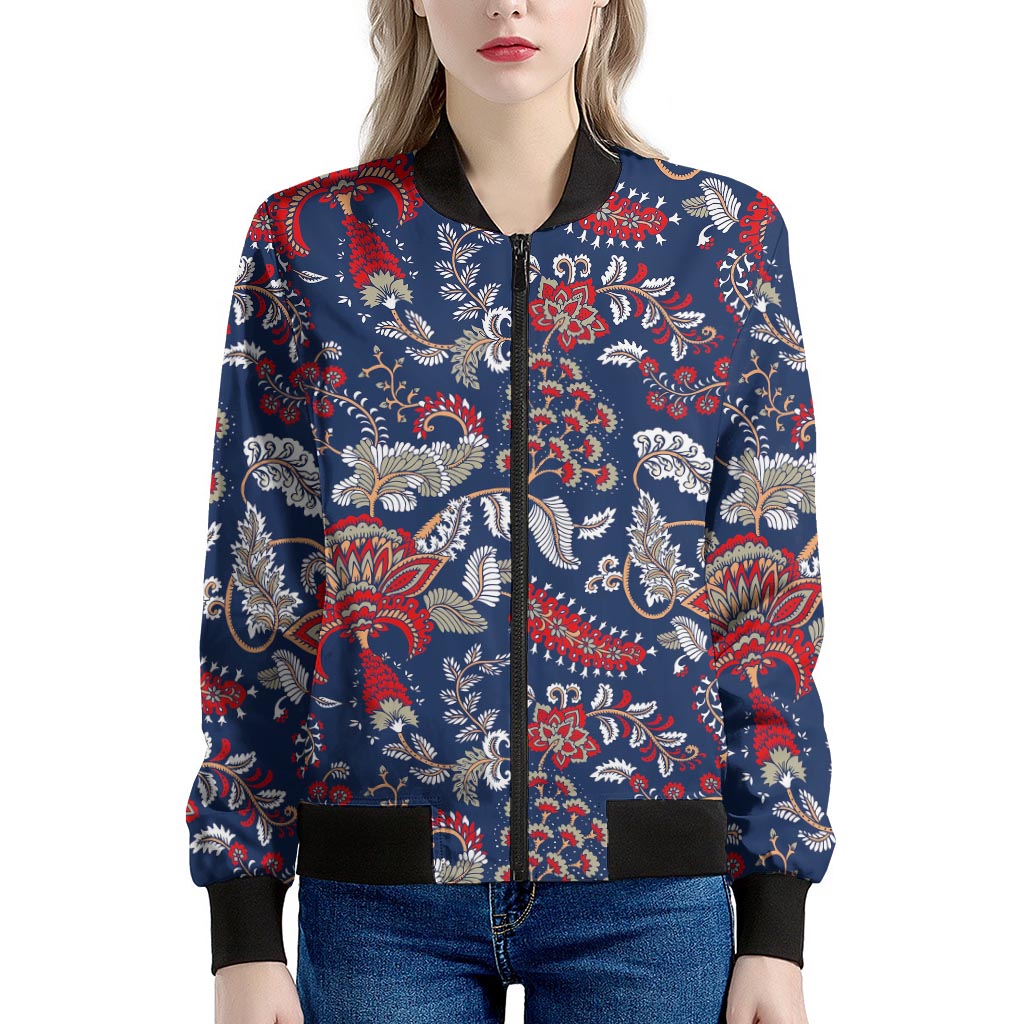 Blue Vintage Bohemian Floral Print Women's Bomber Jacket