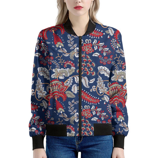 Blue Vintage Bohemian Floral Print Women's Bomber Jacket