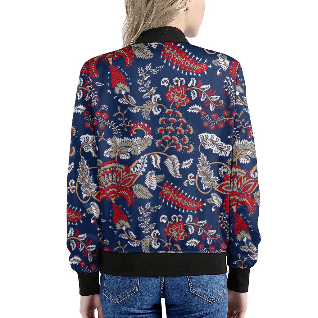 Blue Vintage Bohemian Floral Print Women's Bomber Jacket