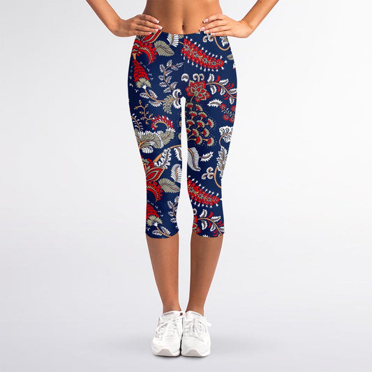 Blue Vintage Bohemian Floral Print Women's Capri Leggings