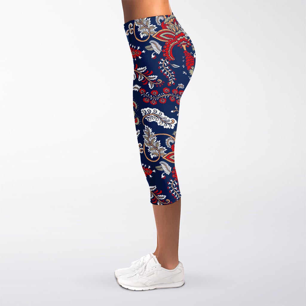 Blue Vintage Bohemian Floral Print Women's Capri Leggings