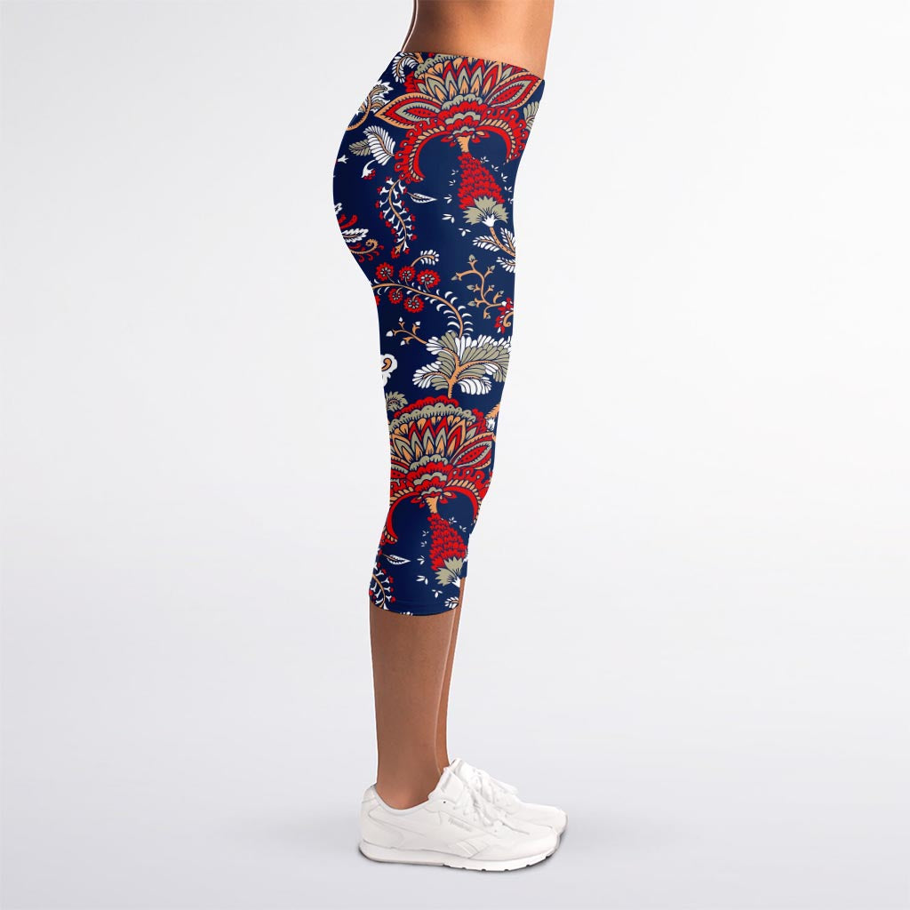 Blue Vintage Bohemian Floral Print Women's Capri Leggings