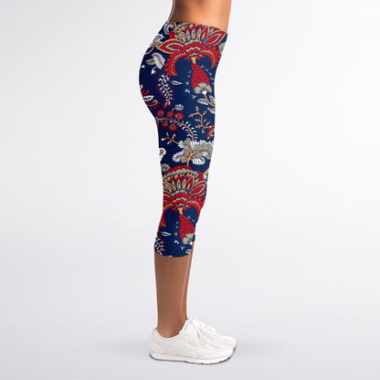 Blue Vintage Bohemian Floral Print Women's Capri Leggings