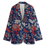Blue Vintage Bohemian Floral Print Women's Cotton Blazer
