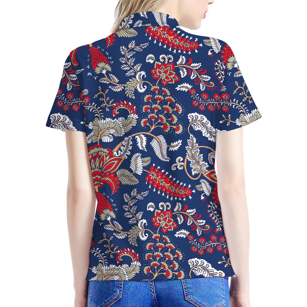 Blue Vintage Bohemian Floral Print Women's Polo Shirt