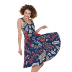 Blue Vintage Bohemian Floral Print Women's Sleeveless Dress