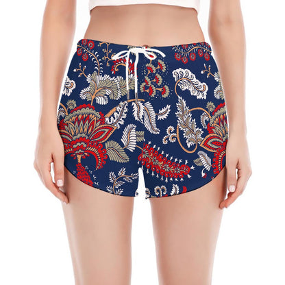 Blue Vintage Bohemian Floral Print Women's Split Running Shorts