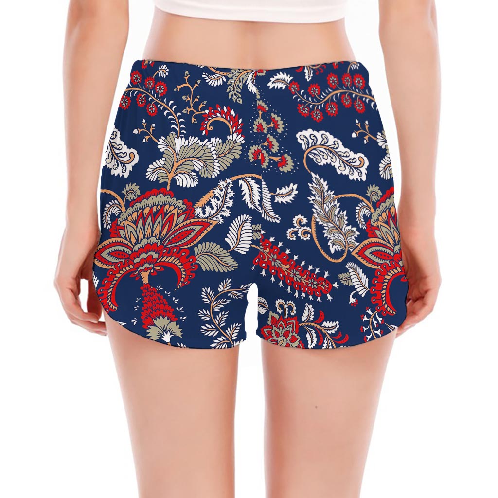 Blue Vintage Bohemian Floral Print Women's Split Running Shorts