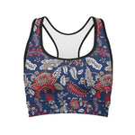 Blue Vintage Bohemian Floral Print Women's Sports Bra