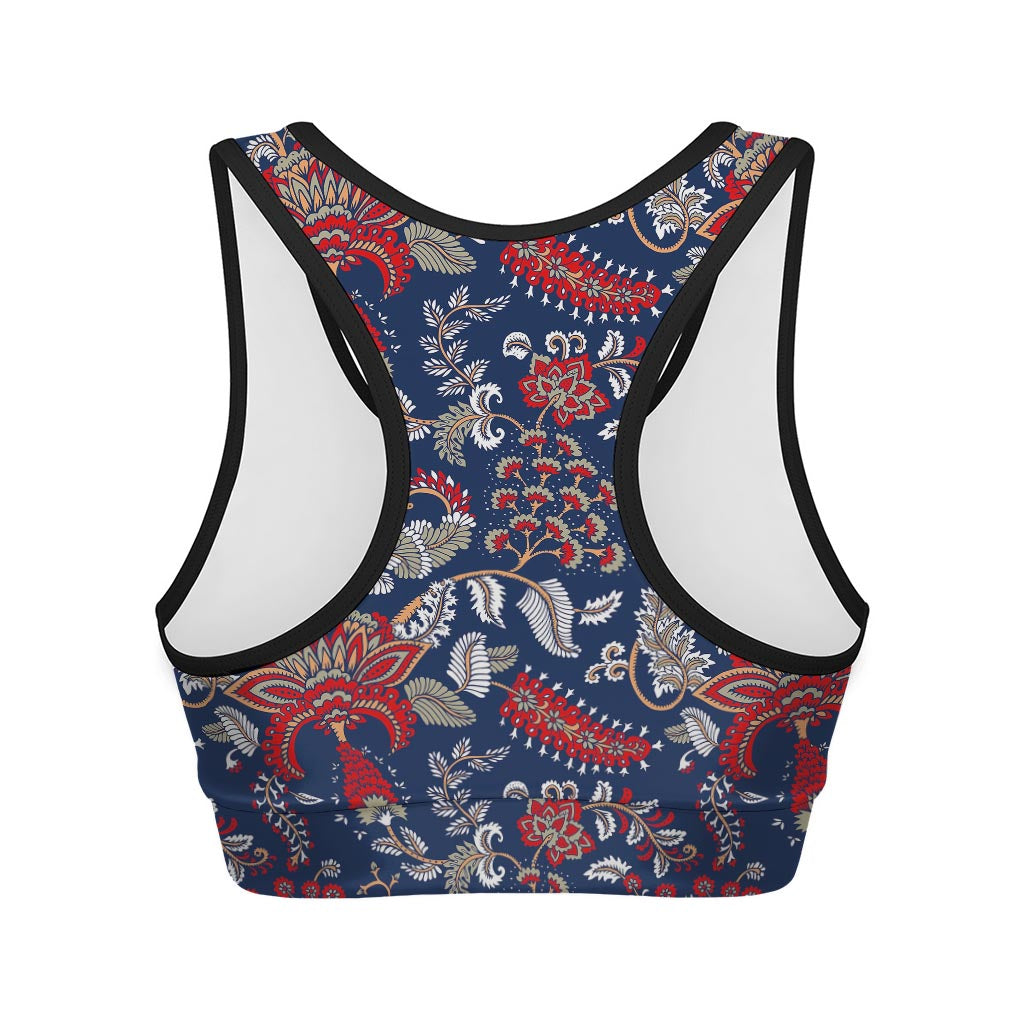 Blue Vintage Bohemian Floral Print Women's Sports Bra