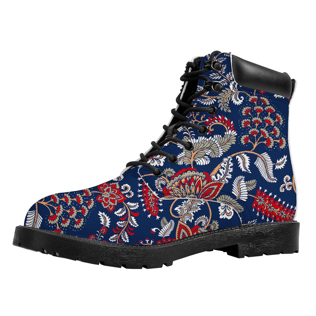 Blue Vintage Bohemian Floral Print Work Boots