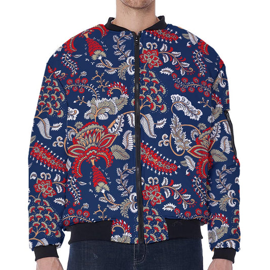 Blue Vintage Bohemian Floral Print Zip Sleeve Bomber Jacket