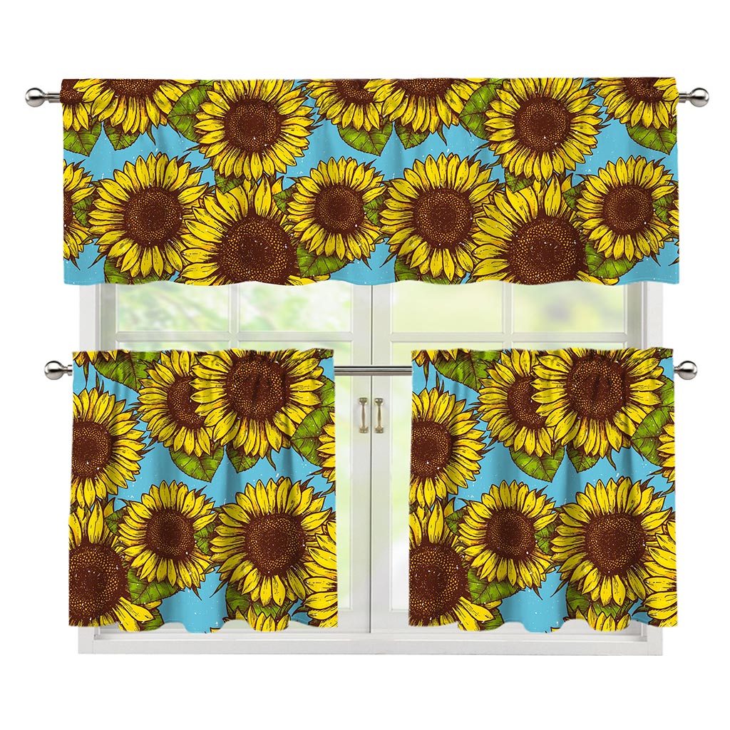 Blue Vintage Sunflower Pattern Print 3 Piece Kitchen Curtains