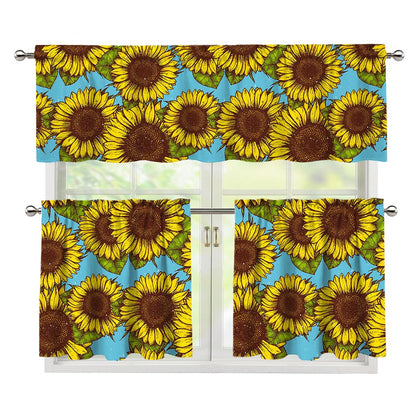 Blue Vintage Sunflower Pattern Print 3 Piece Kitchen Curtains