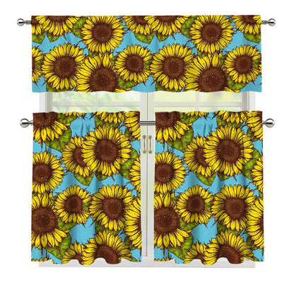 Blue Vintage Sunflower Pattern Print 3 Piece Kitchen Curtains