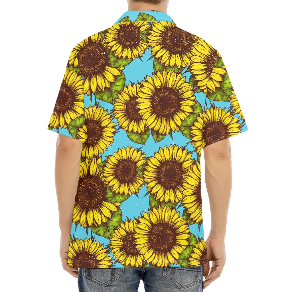 Blue Vintage Sunflower Pattern Print Aloha Shirt