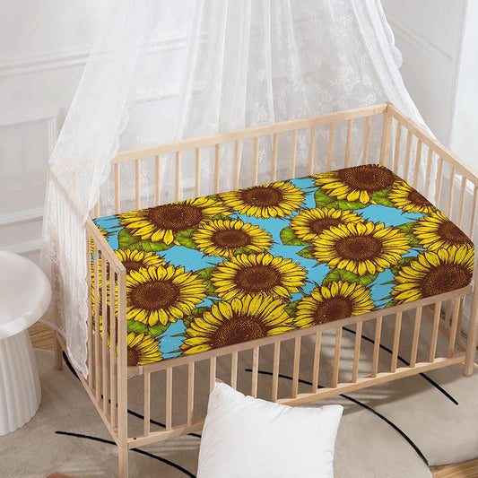 Blue Vintage Sunflower Pattern Print Baby Crib Sheet
