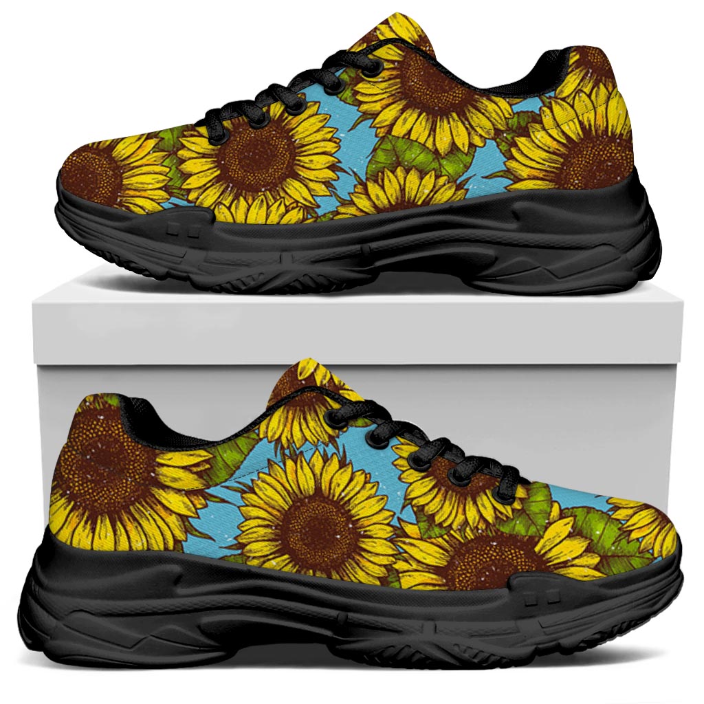 Blue Vintage Sunflower Pattern Print Black Chunky Shoes