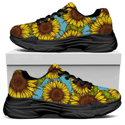 Blue Vintage Sunflower Pattern Print Black Chunky Shoes