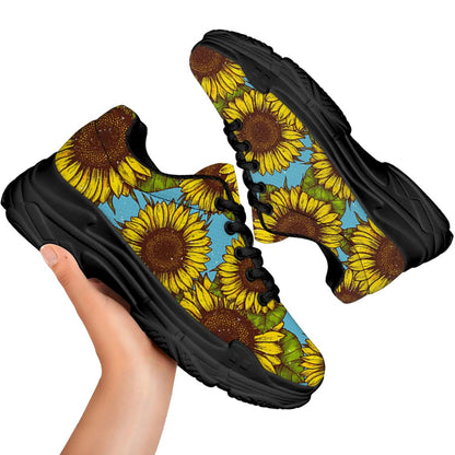 Blue Vintage Sunflower Pattern Print Black Chunky Shoes