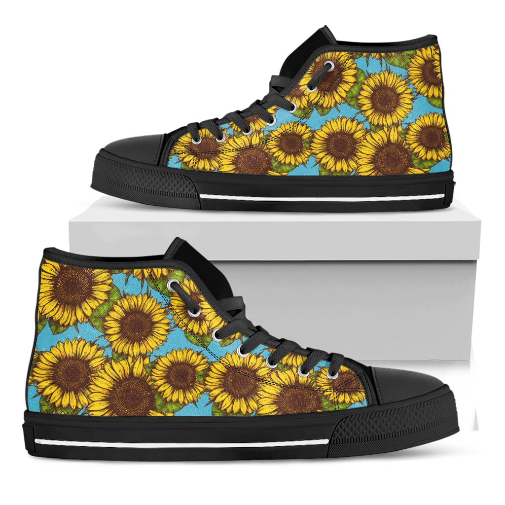 Blue Vintage Sunflower Pattern Print Black High Top Sneakers