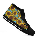 Blue Vintage Sunflower Pattern Print Black High Top Sneakers