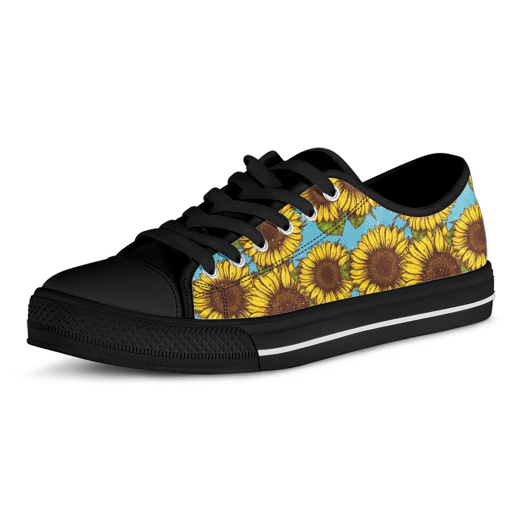 Blue Vintage Sunflower Pattern Print Black Low Top Sneakers