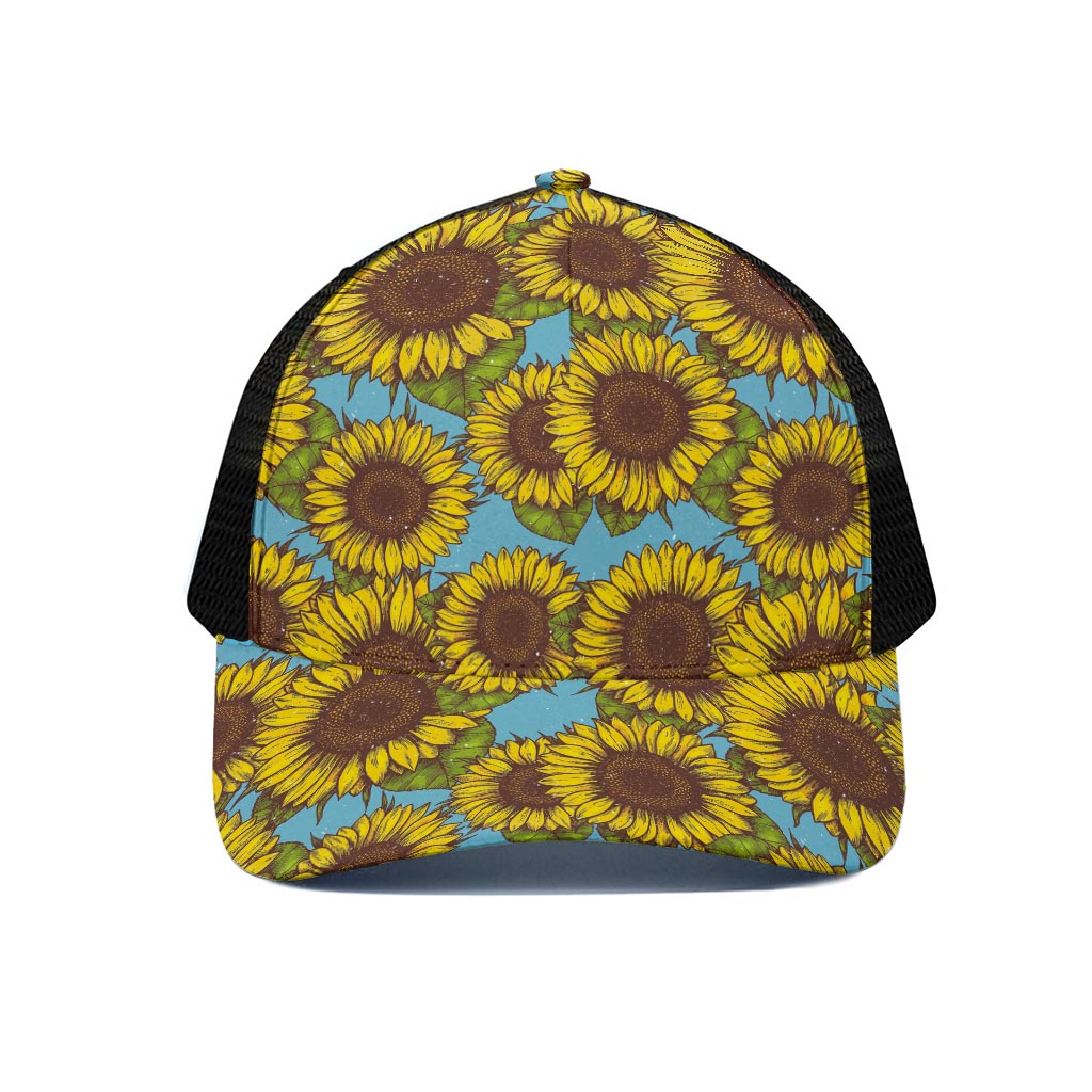 Blue Vintage Sunflower Pattern Print Black Mesh Trucker Cap