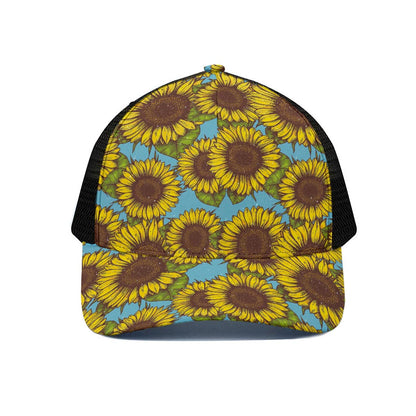 Blue Vintage Sunflower Pattern Print Black Mesh Trucker Cap