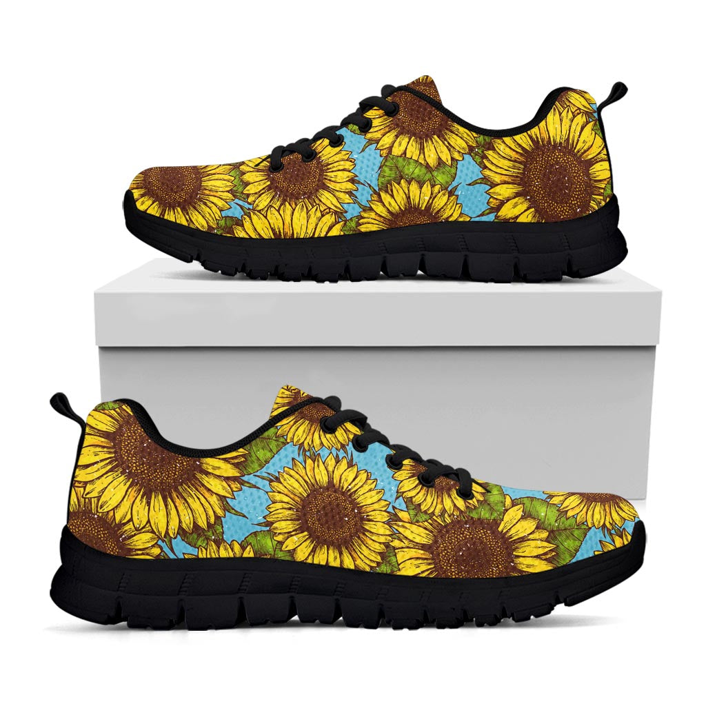 Blue Vintage Sunflower Pattern Print Black Running Shoes