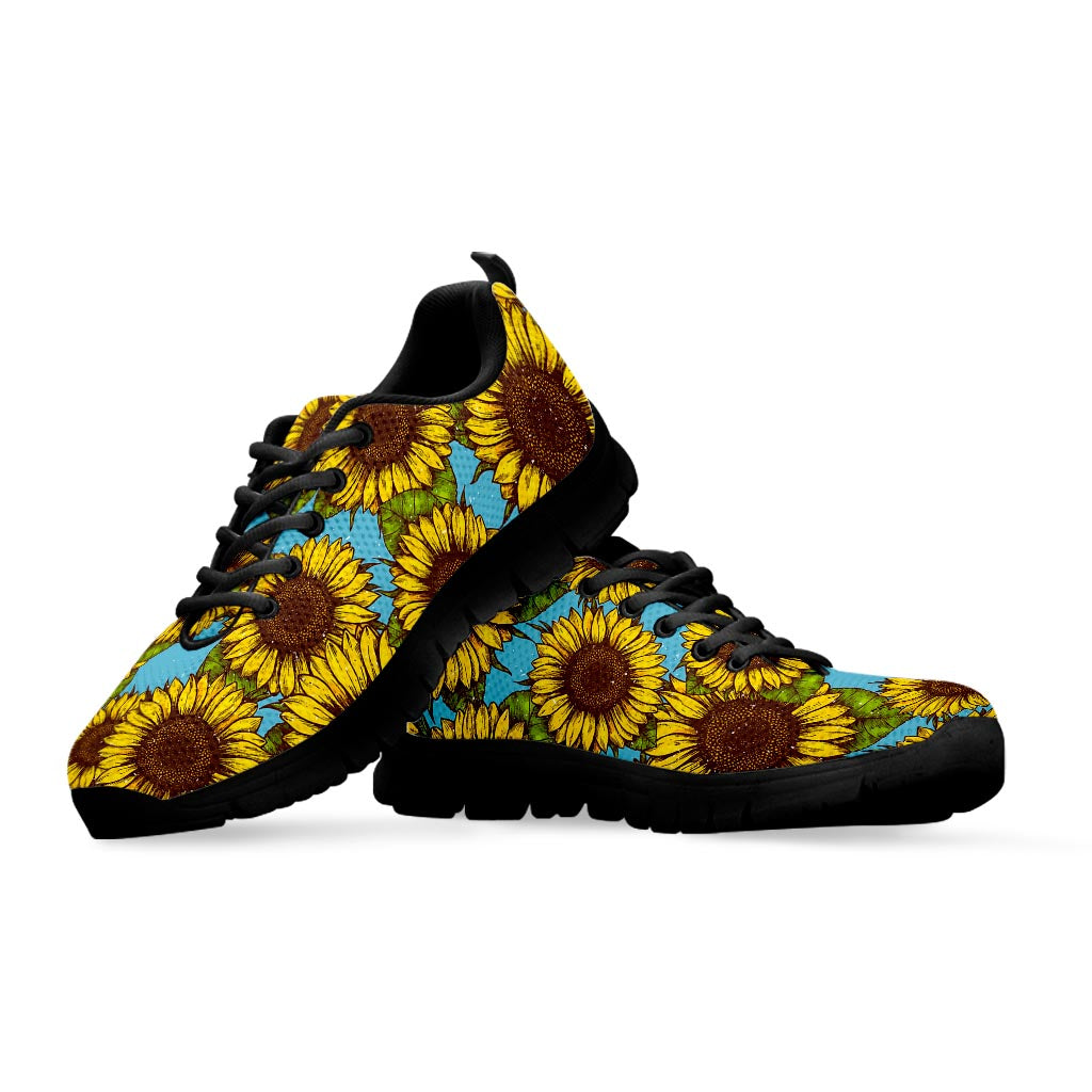 Blue Vintage Sunflower Pattern Print Black Running Shoes