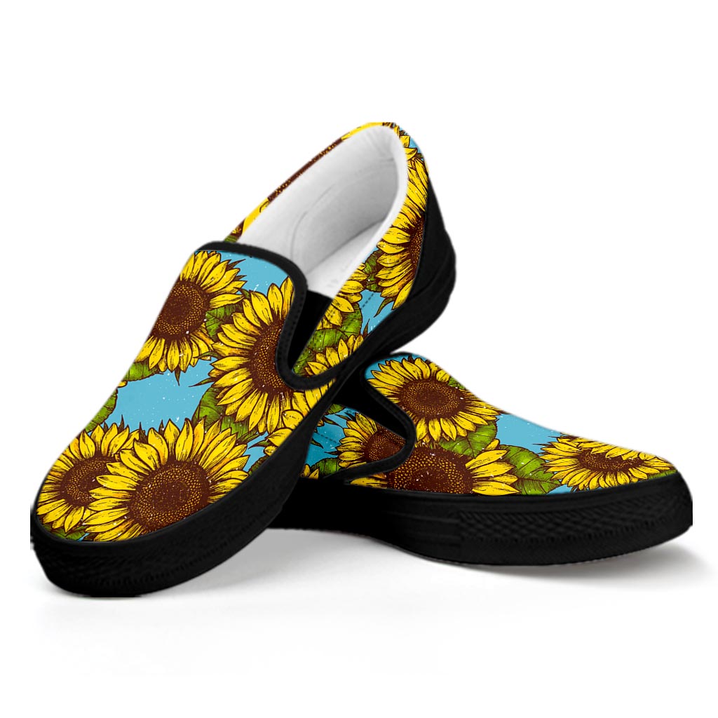 Blue Vintage Sunflower Pattern Print Black Slip On Sneakers