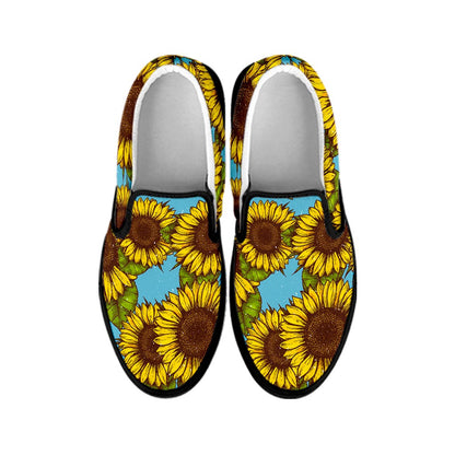 Blue Vintage Sunflower Pattern Print Black Slip On Sneakers