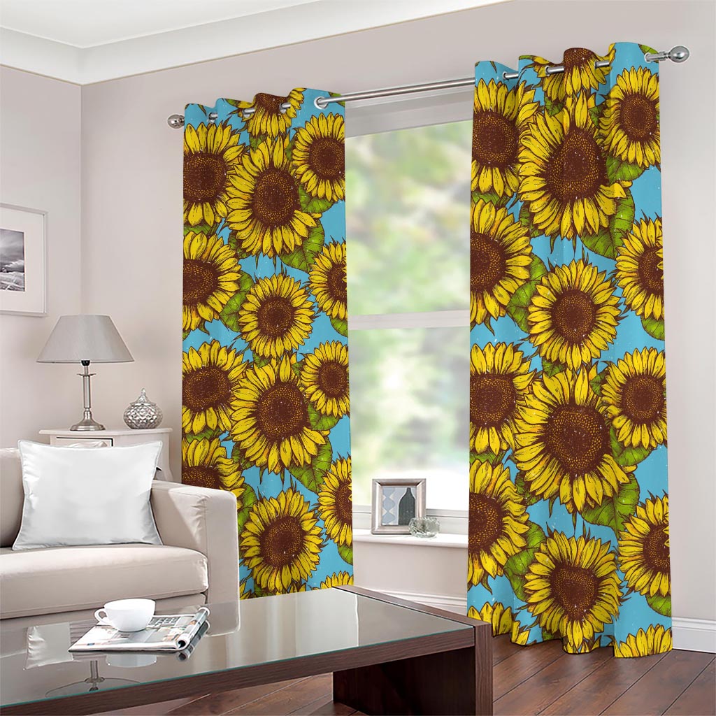 Blue Vintage Sunflower Pattern Print Blackout Grommet Curtains