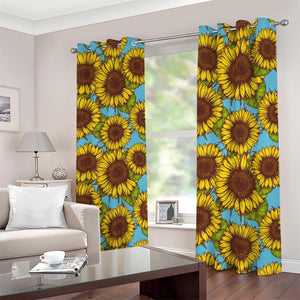 Blue Vintage Sunflower Pattern Print Blackout Grommet Curtains