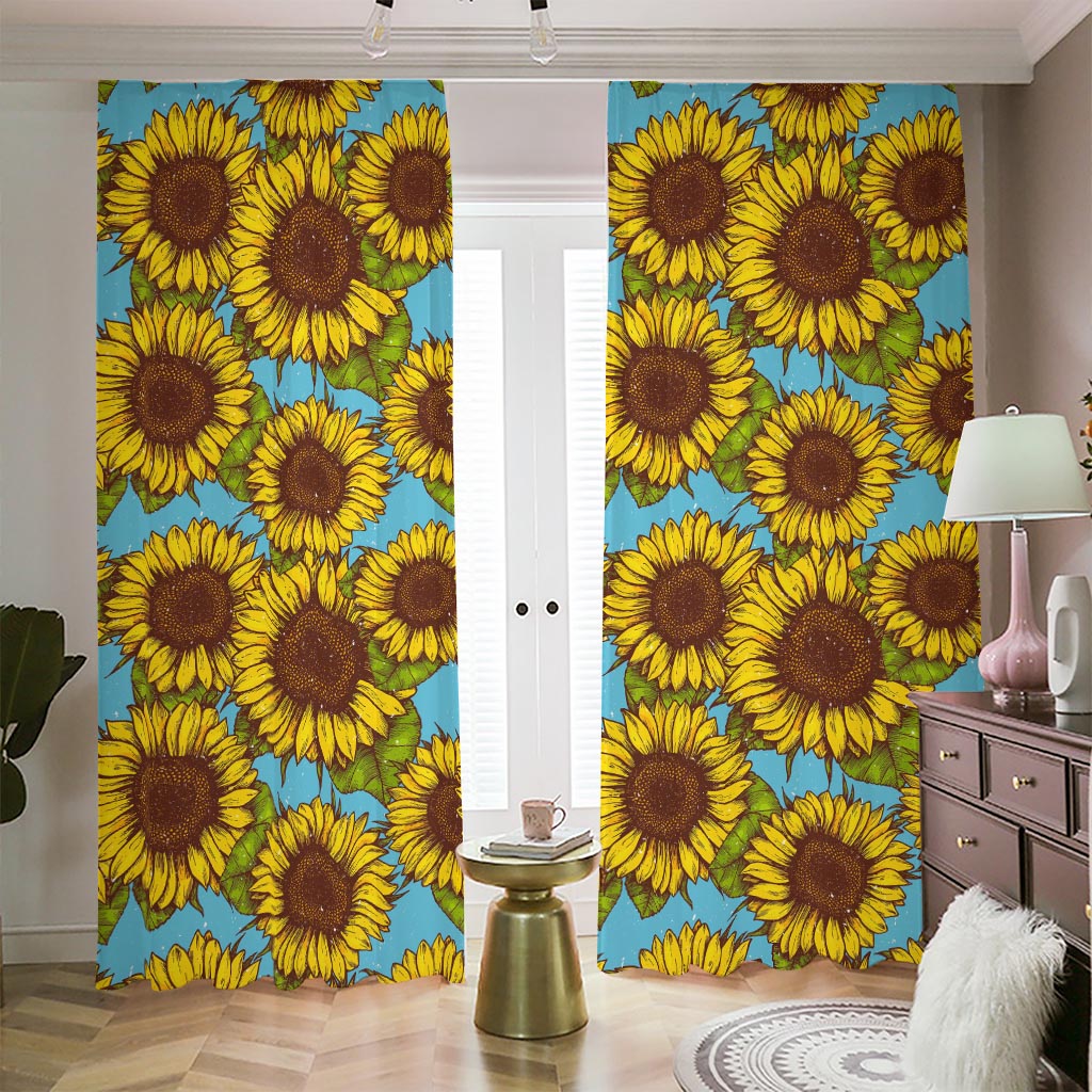 Blue Vintage Sunflower Pattern Print Blackout Pencil Pleat Curtains