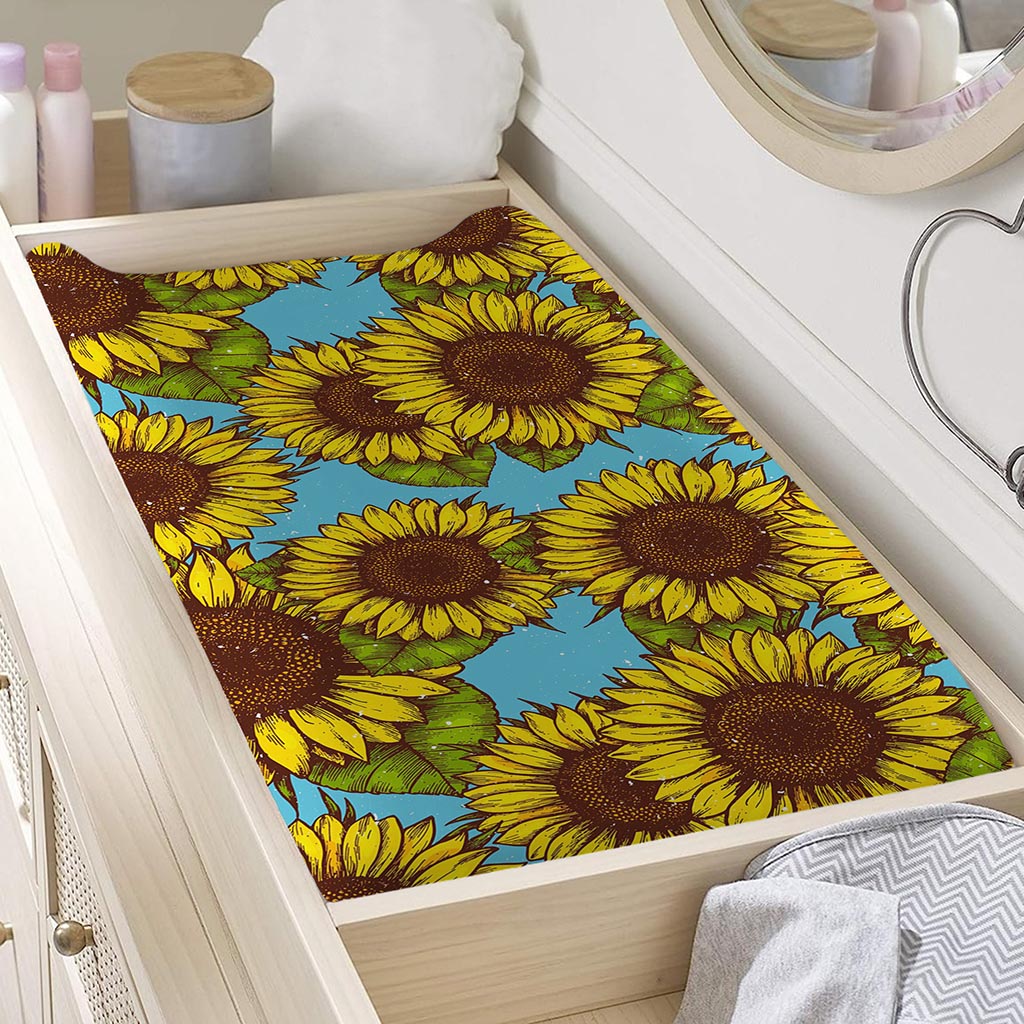 Blue Vintage Sunflower Pattern Print Changing Pad Cover