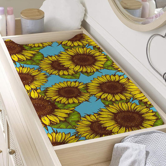 Blue Vintage Sunflower Pattern Print Changing Pad Cover