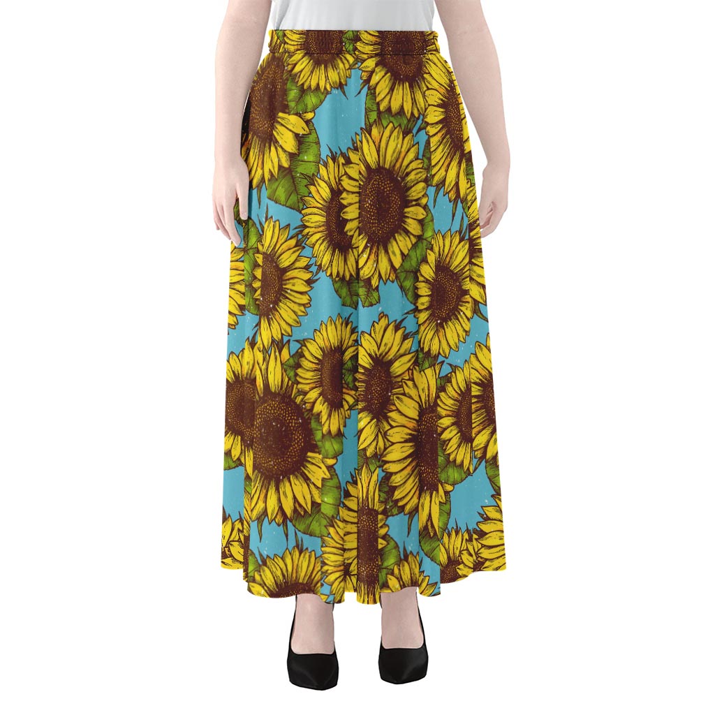 Blue Vintage Sunflower Pattern Print Chiffon Maxi Skirt