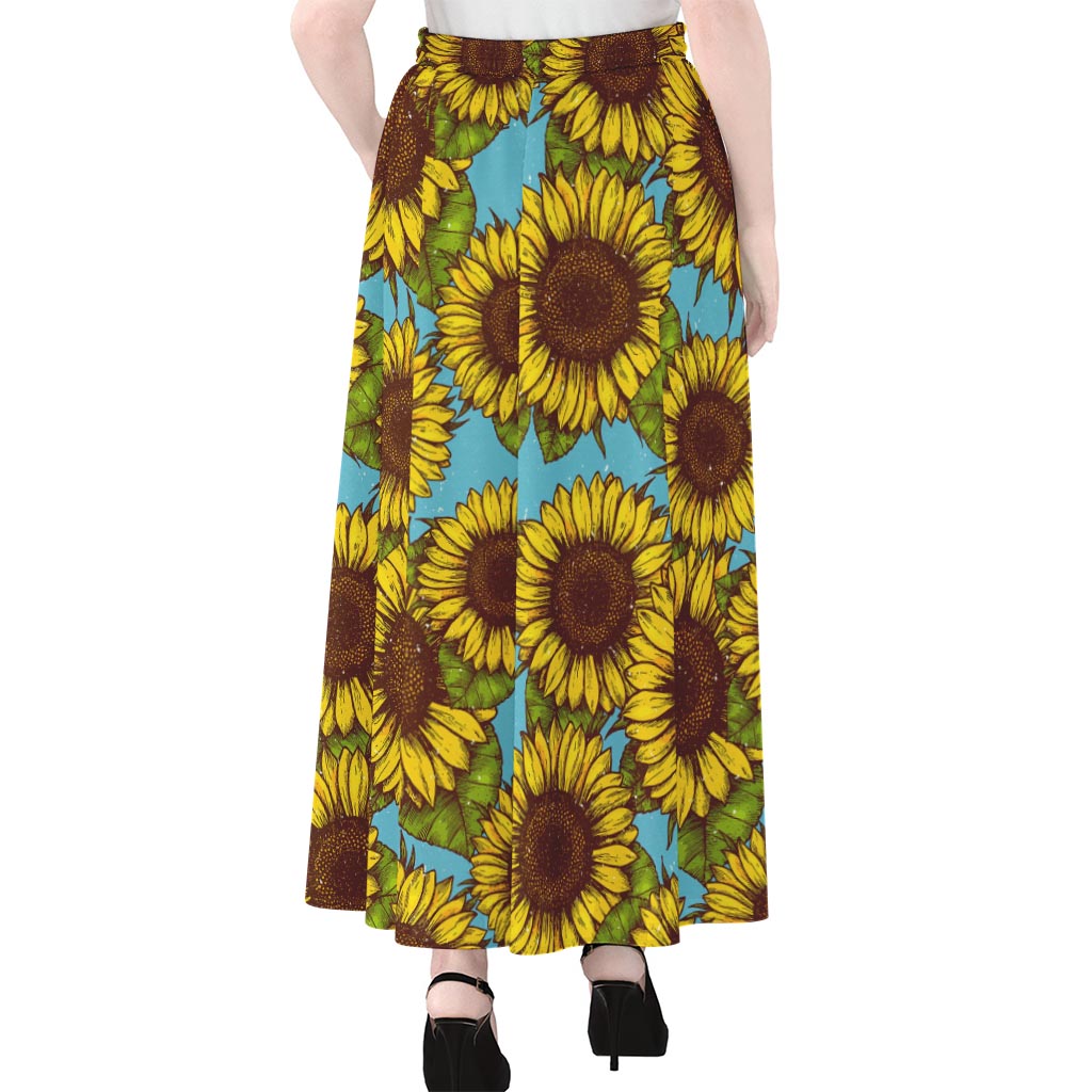 Blue Vintage Sunflower Pattern Print Chiffon Maxi Skirt