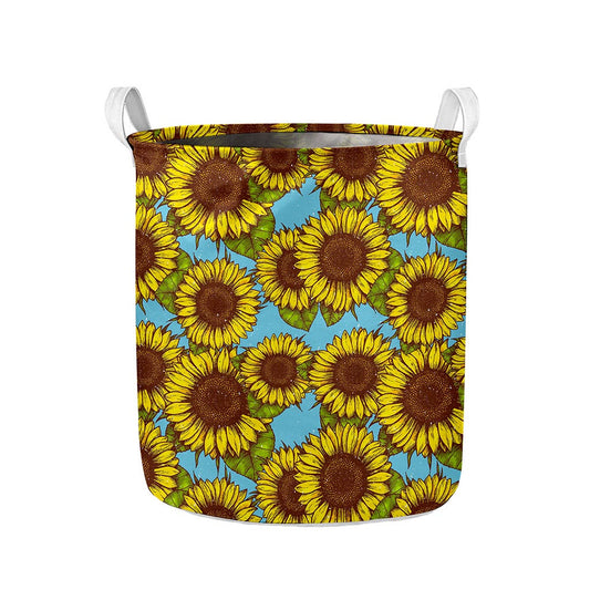 Blue Vintage Sunflower Pattern Print Collapsible Laundry Basket