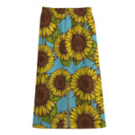 Blue Vintage Sunflower Pattern Print Cotton Front Slit Maxi Skirt