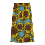 Blue Vintage Sunflower Pattern Print Cotton Front Slit Maxi Skirt