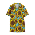 Blue Vintage Sunflower Pattern Print Cotton Hawaiian Shirt