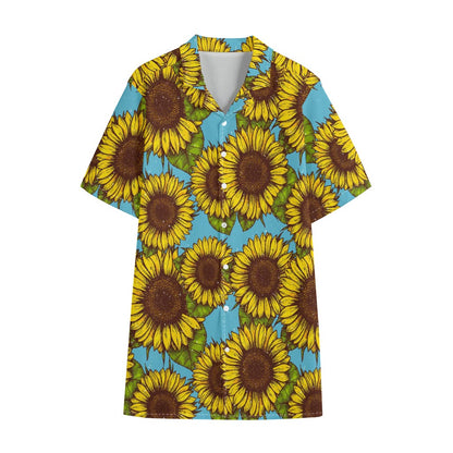 Blue Vintage Sunflower Pattern Print Cotton Hawaiian Shirt