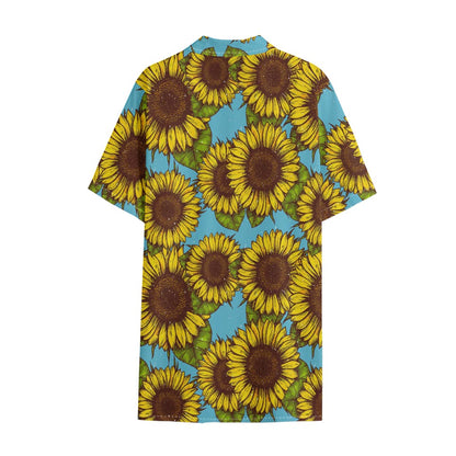 Blue Vintage Sunflower Pattern Print Cotton Hawaiian Shirt