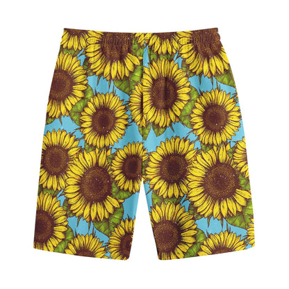 Blue Vintage Sunflower Pattern Print Cotton Shorts