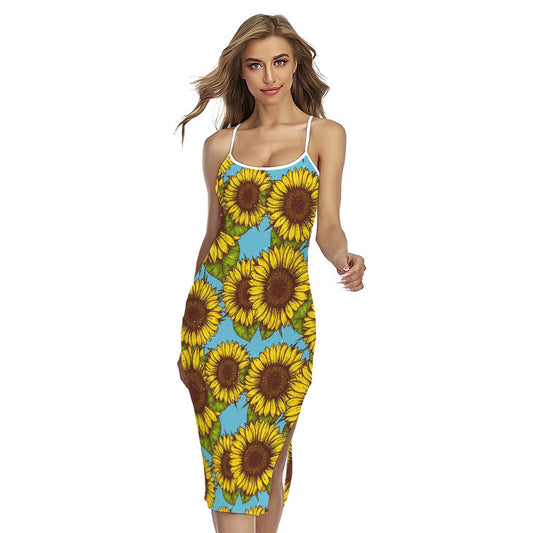 Blue Vintage Sunflower Pattern Print Cross Back Cami Dress