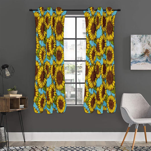 Blue Vintage Sunflower Pattern Print Curtain
