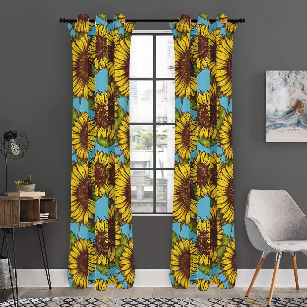 Blue Vintage Sunflower Pattern Print Curtain